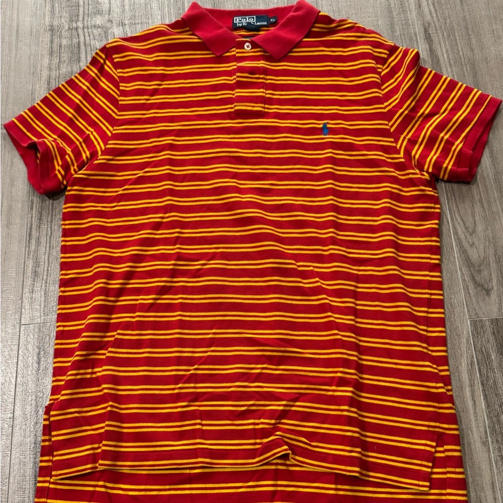 Y2K Ralph Lauren Red and Yellow Striped Polo Shirt
